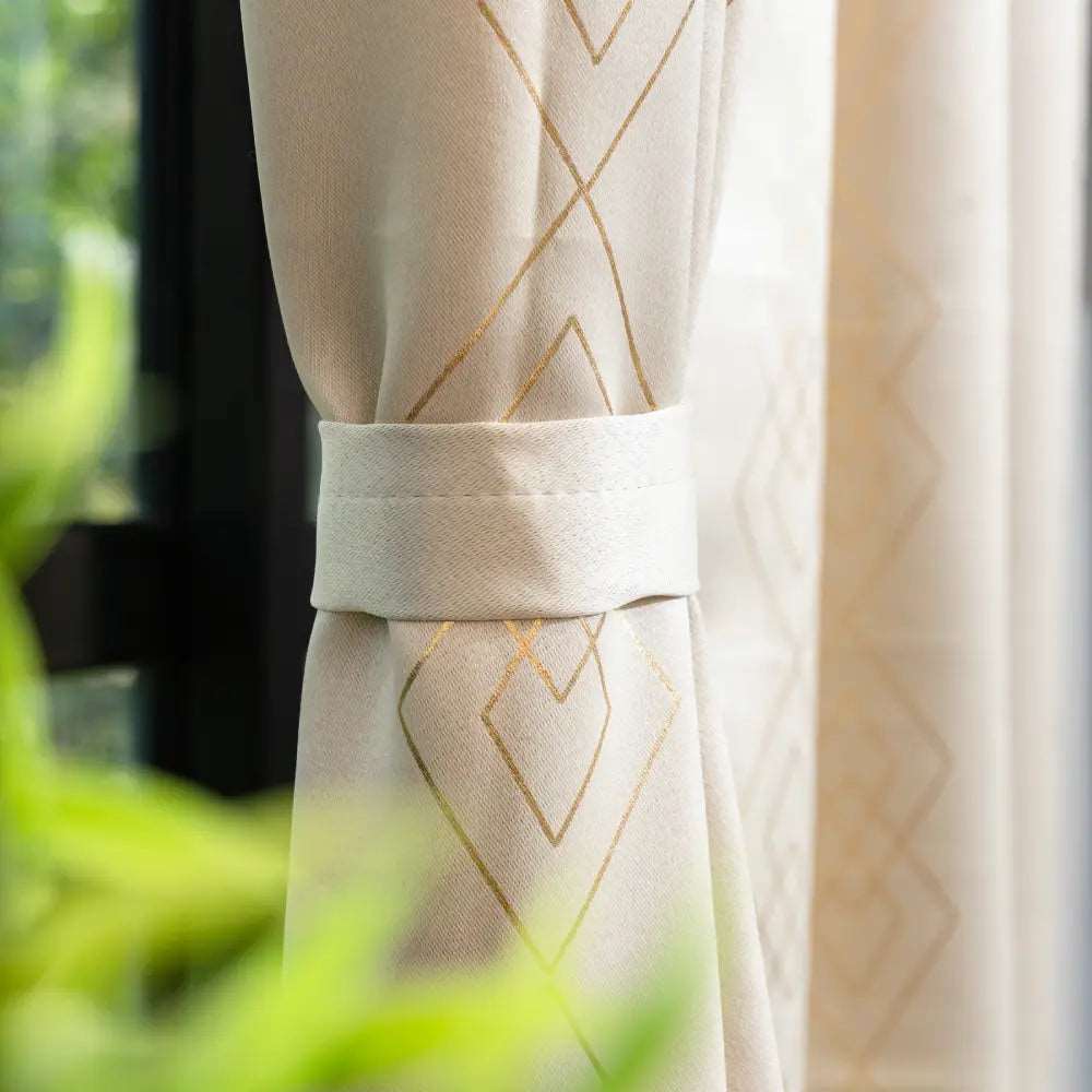 Gold Foil Printed 80-85% Blackout Curtains - Pack of 1 - Diamond - Beige