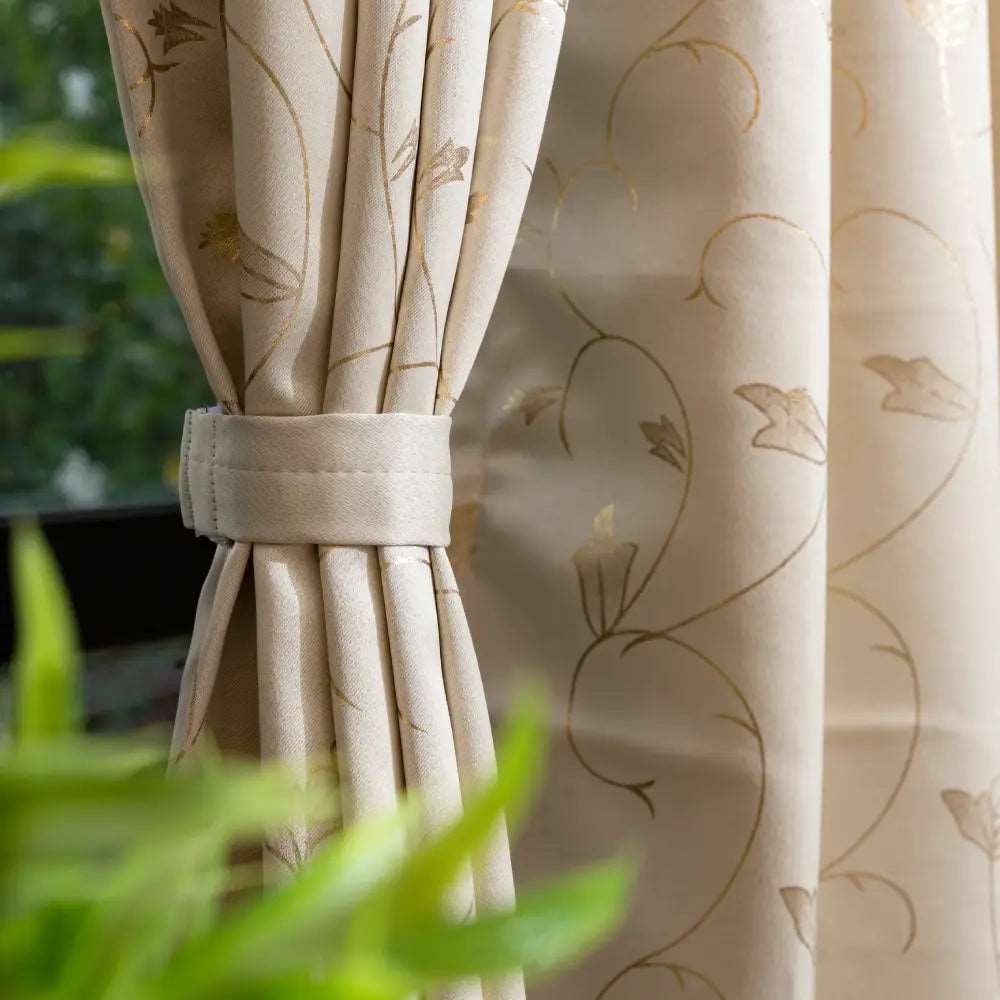 Gold Foil Printed 80-85% Blackout Curtains - Pack of 1 - Vine- Beige