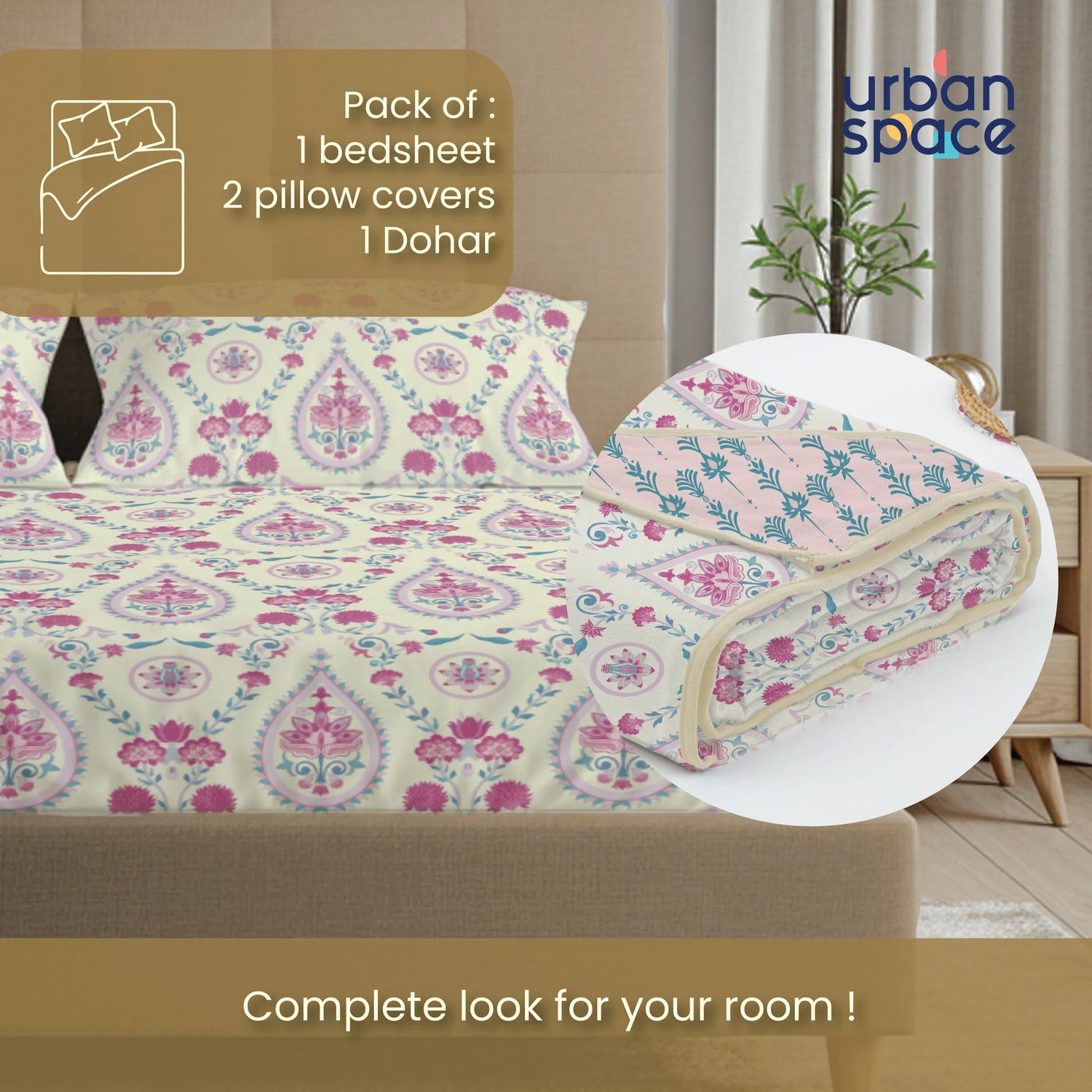 Cotton Bedsheet + AC Cotton Dohar Combo Pack - Persian Courtyard Pink