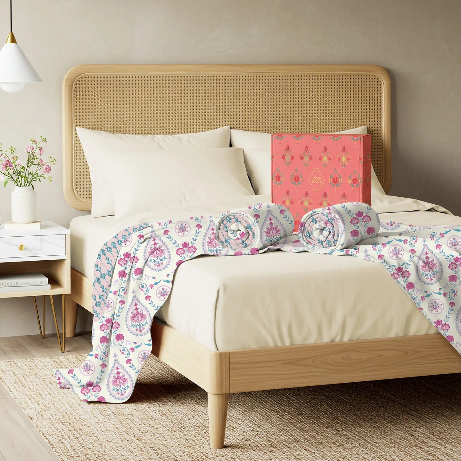 2 Single Bed Malmal Cotton Dohars in a Gift Box, Persian Courtyard Pink