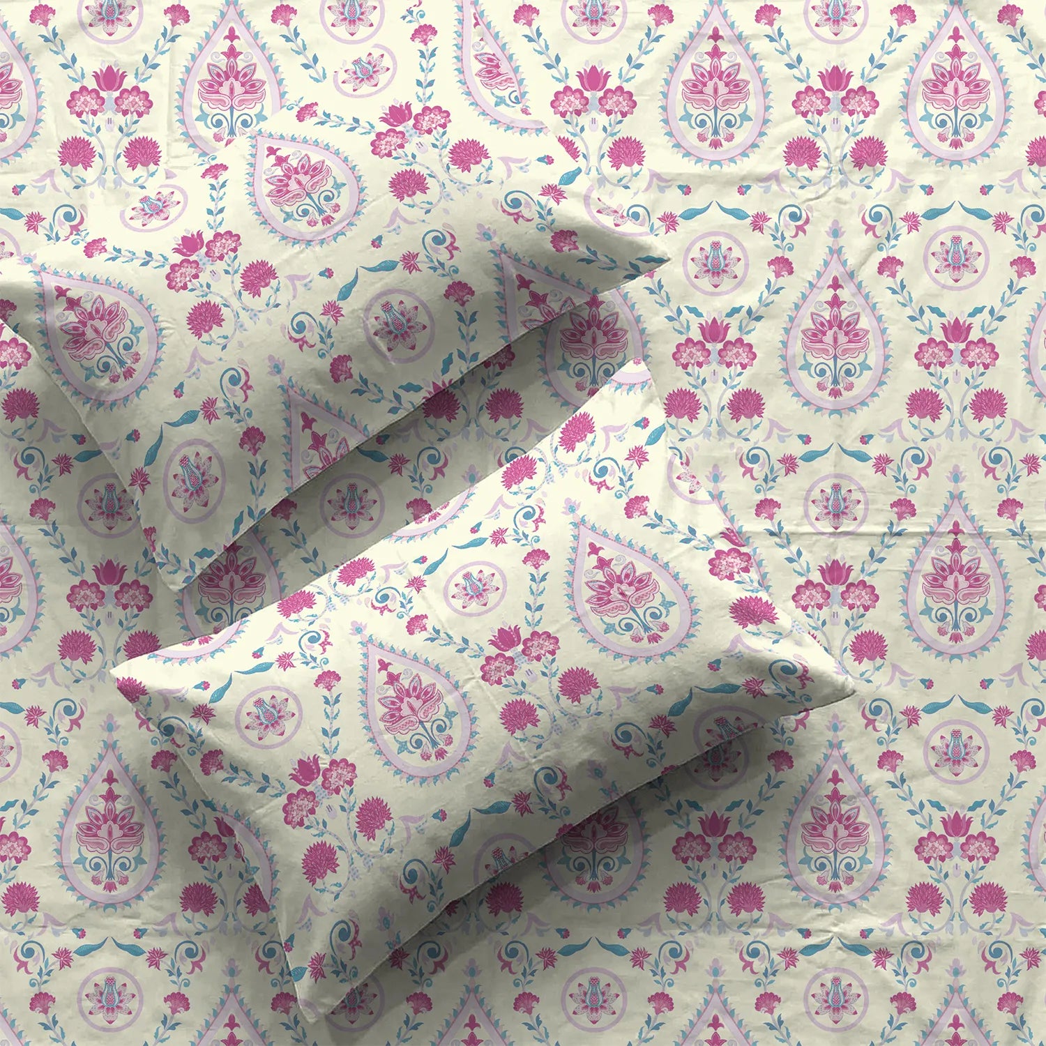 Serene 200 TC 100% Cotton Bedsheet with Pillow Covers - Persian Courtyard Pink