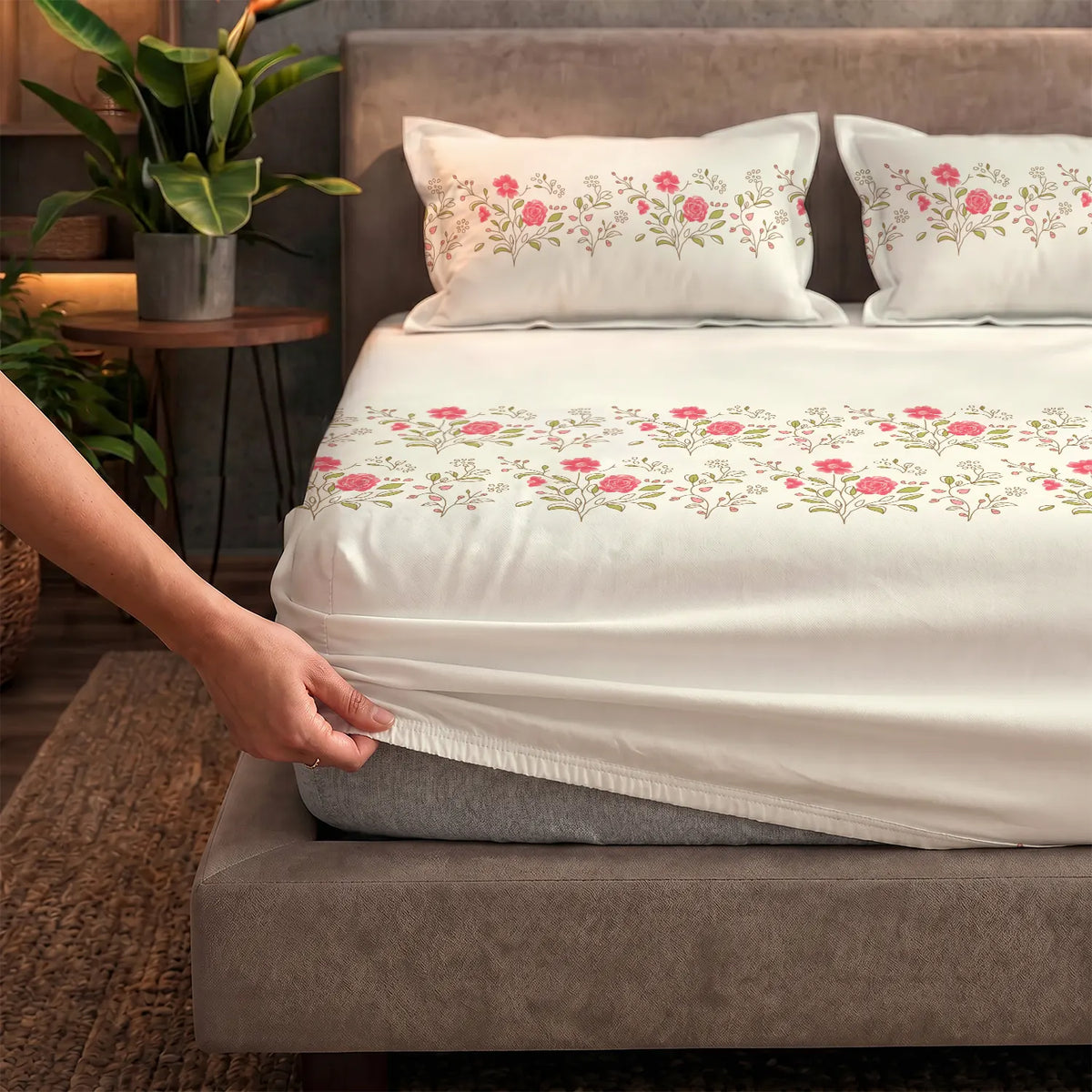Fitted King Size Cotton Bedsheet - Poppy Bloom