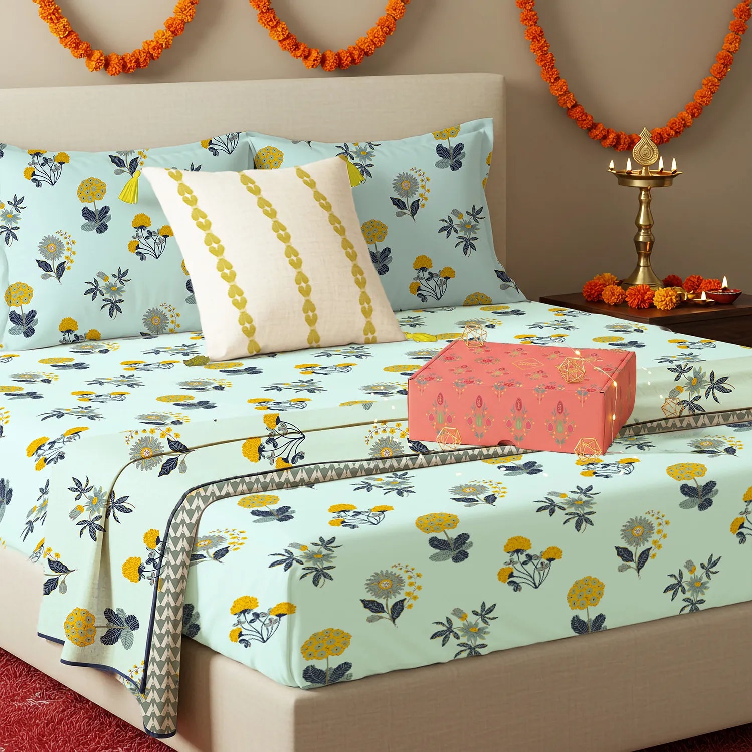 6 Pc Cotton Bedding Set in Gift Box, Radiance Sky Blue