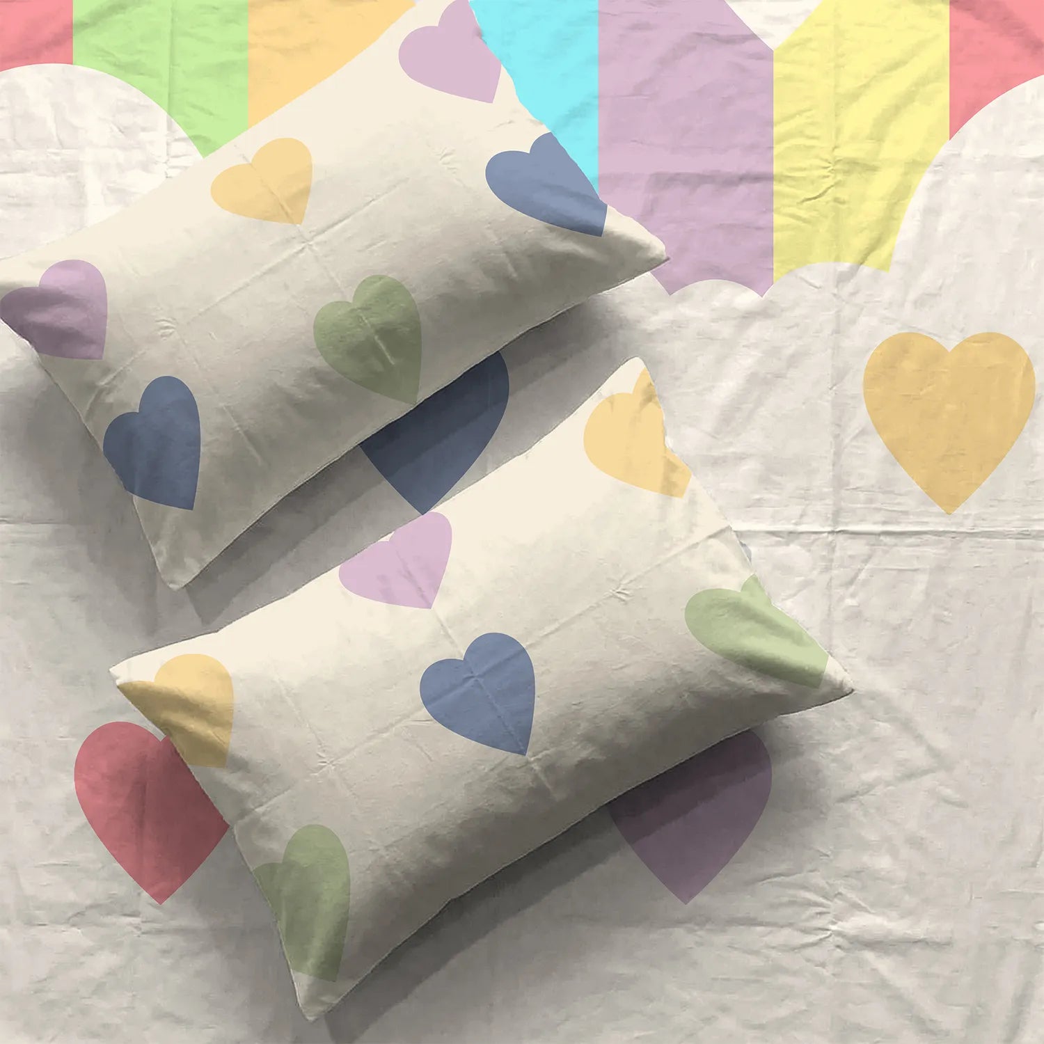 Divine Collection - Cotton Bedsheet With 2 Pillow Covers, Rainbow Hearts