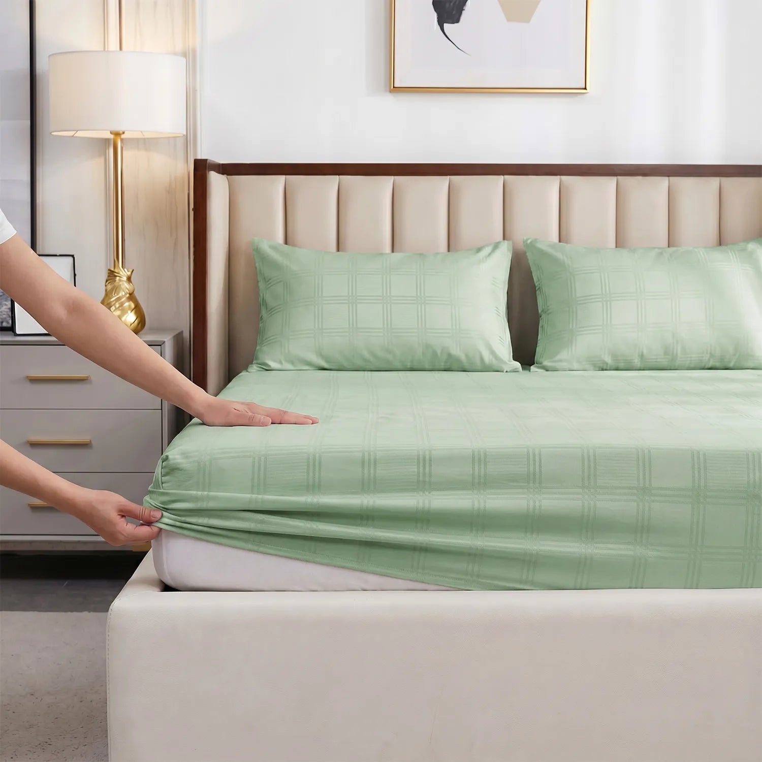 Fitted King Size 300 TC Super Soft Bedsheet, Self Woven Checks Design - Sage Green Checks