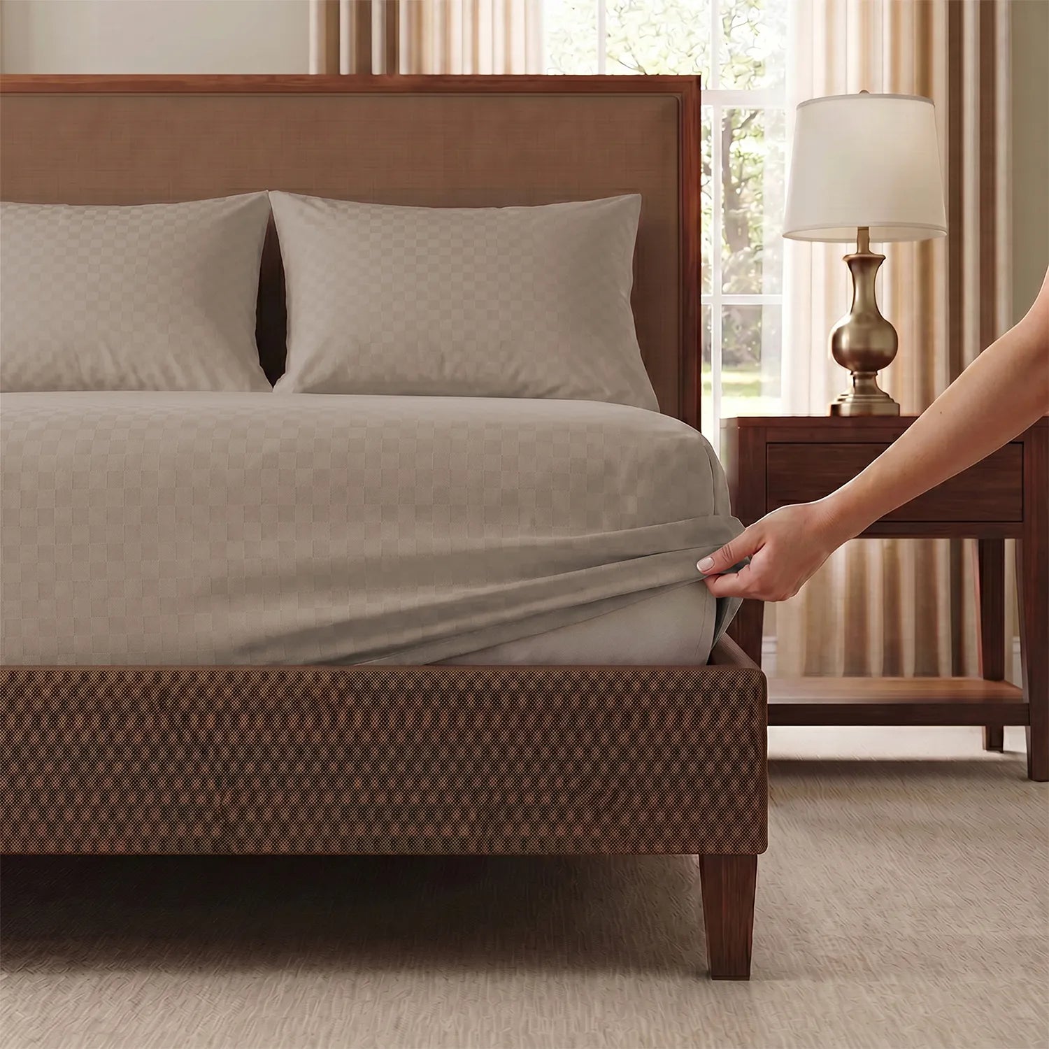 Fitted King Size 300 TC Super Soft Bedsheet, Self Woven Cubes Design - Soft Brown Cubes