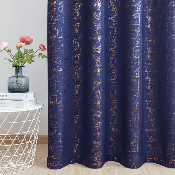 Gold Foil Printed 80-85% Blackout Curtains-  Pack of 1 Curtain - Sparkle - Navy Blue