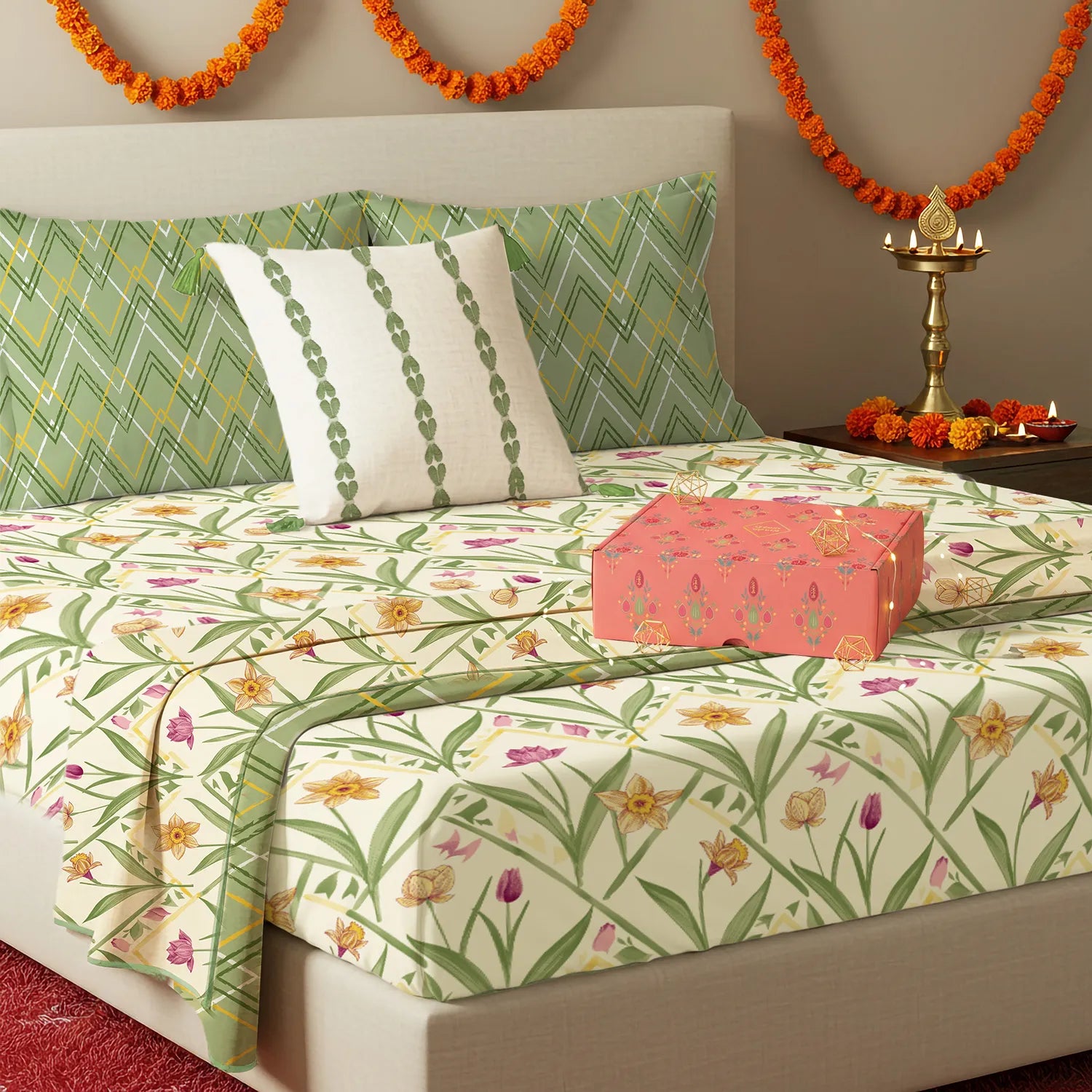 6 Pc Cotton Bedding Set in Gift Box, Spring Sage Green