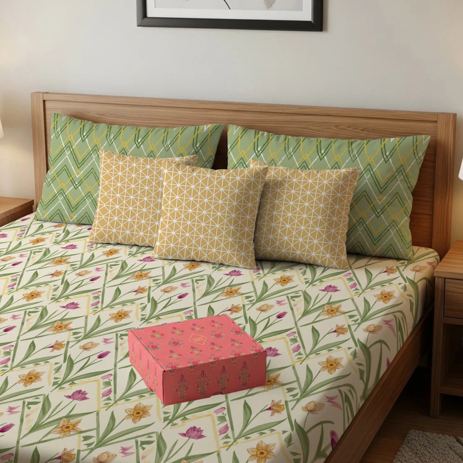 Cotton Double Bedsheet with 3 Cushion Covers in Gift Box Set, Spring Sage