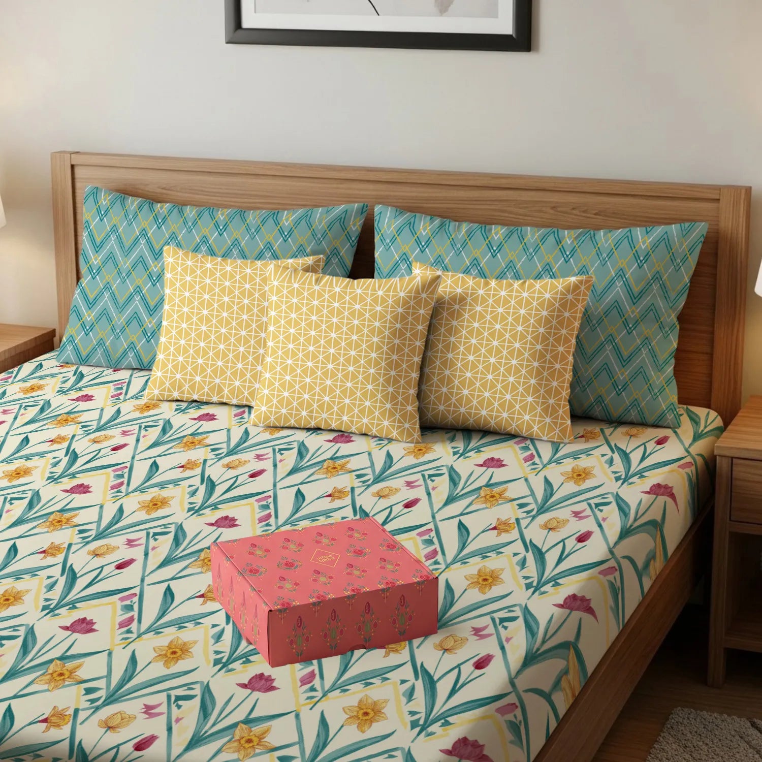 Cotton Double Bedsheet with 3 Cushion Covers in Gift Box Set, Spring Turquoise