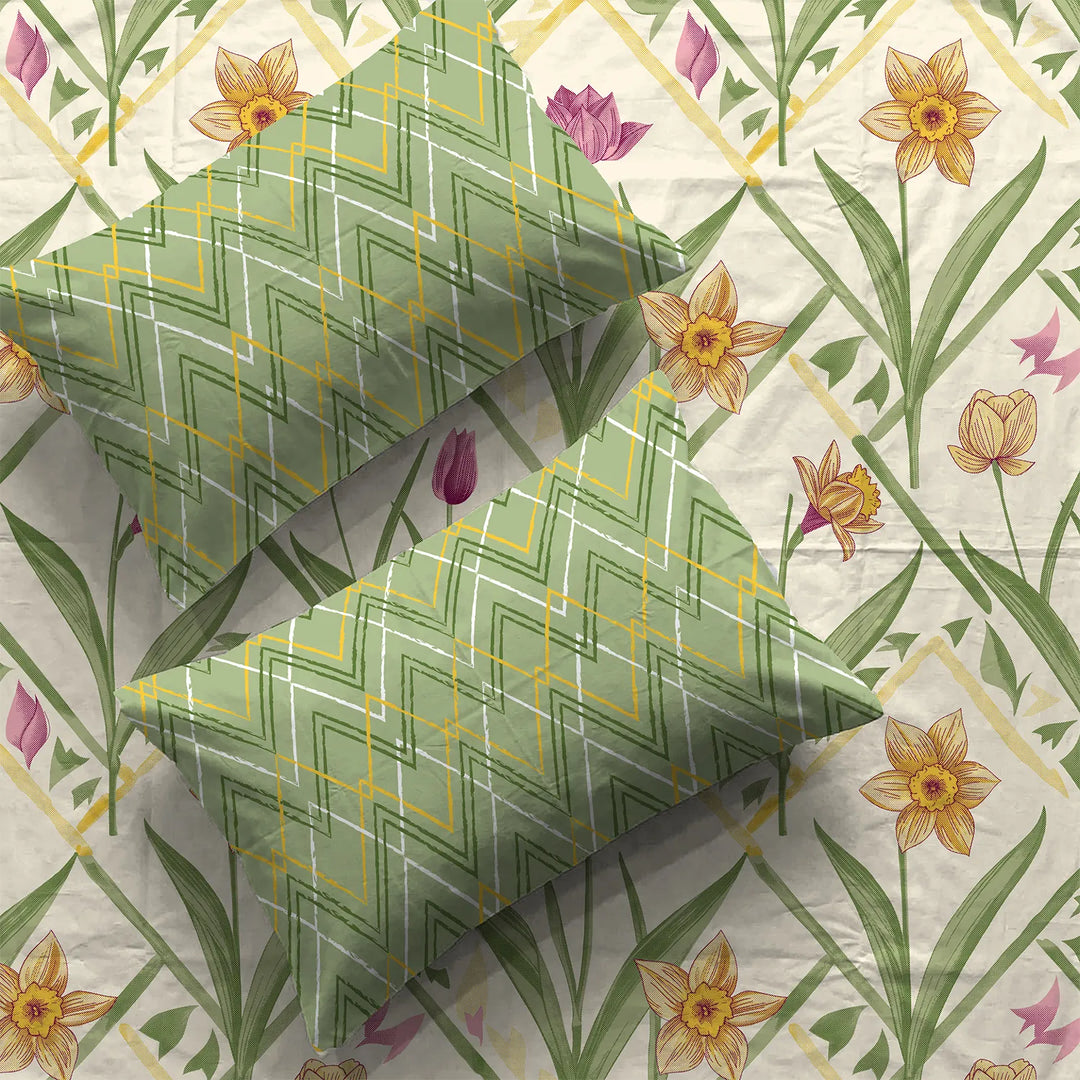 Divine Collection - Cotton Bedsheet With 2 Pillow Covers, Spring Sage Green