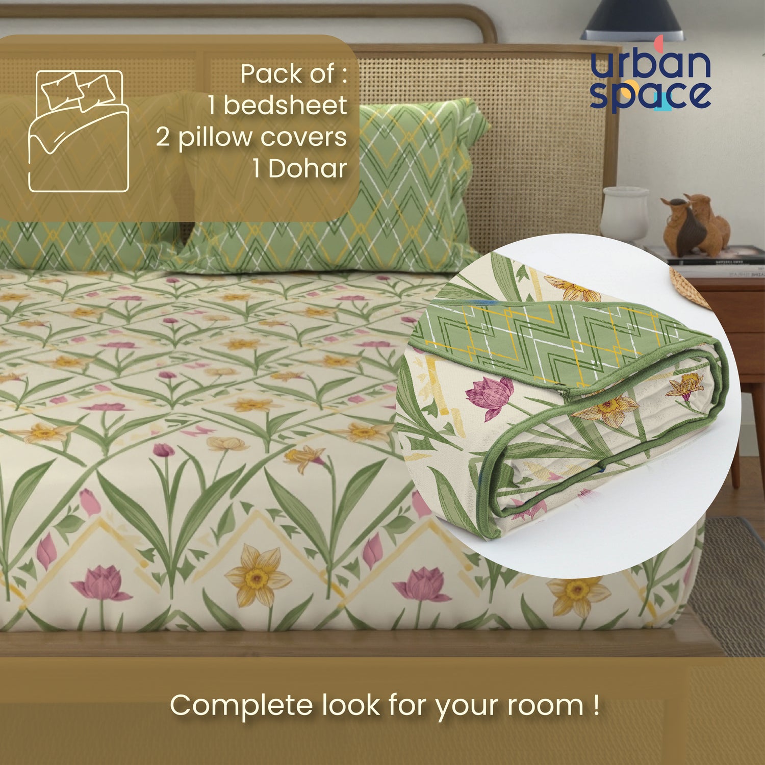 Cotton Bedsheet + AC Cotton Dohar Combo Pack - Spring Sage Green