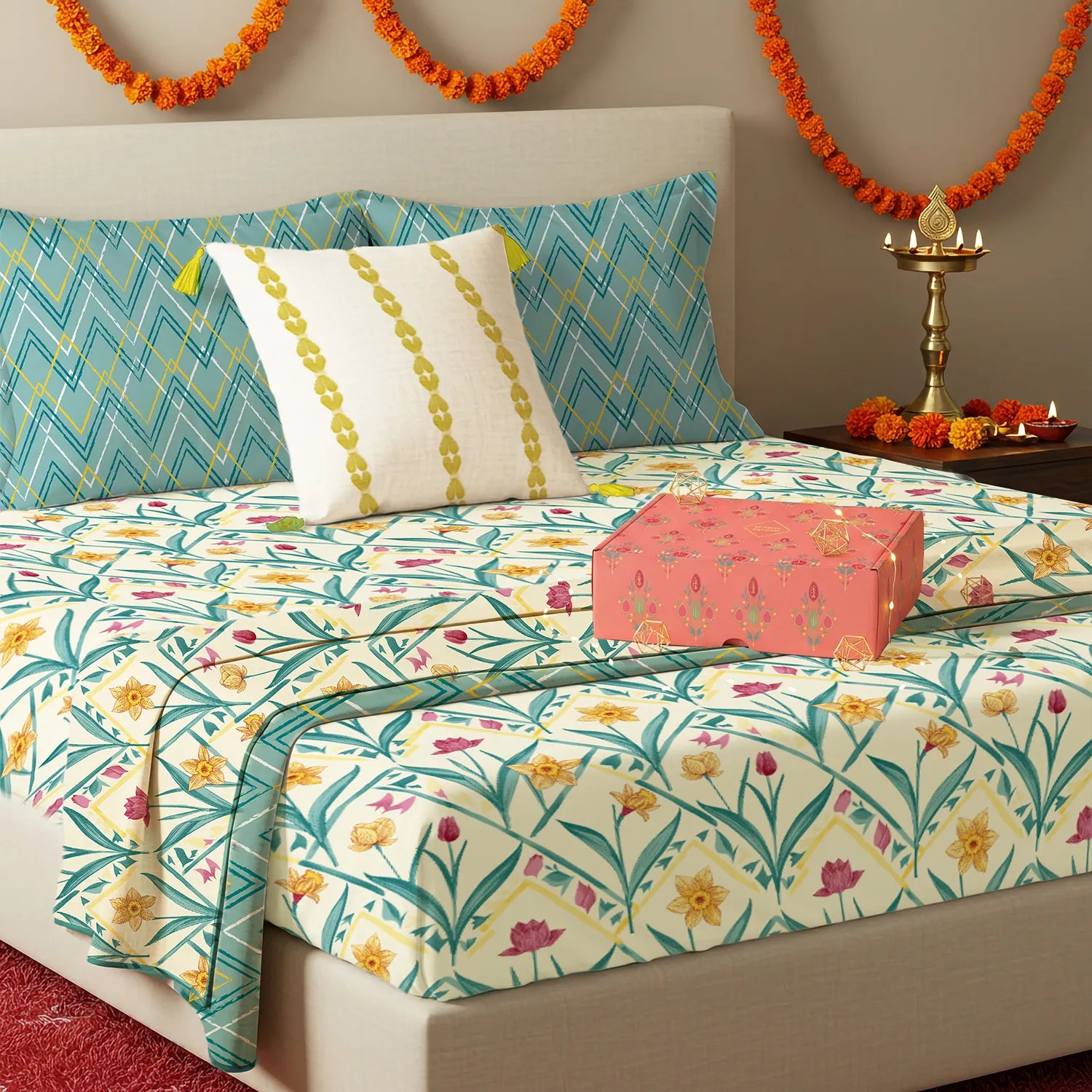 6 Pc Cotton Bedding Set in Gift Box, Spring Turquoise