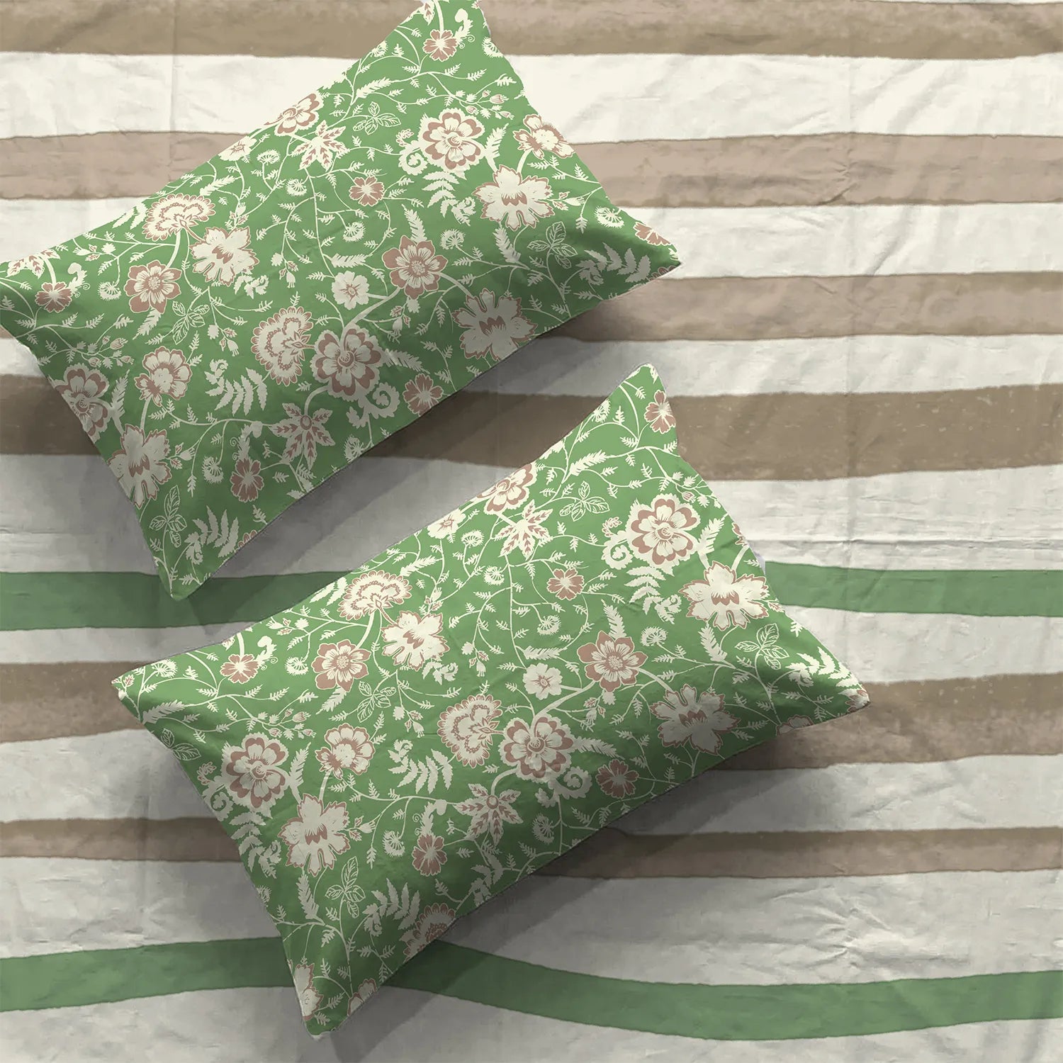 Divine Collection - Cotton Bedsheet With 2 Pillow Covers, Streak Sage Green