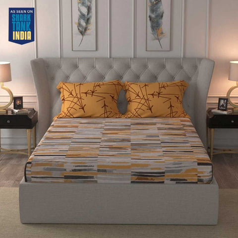 Divine Collection - 144 TC 100%  Cotton Double Bedsheet with 2 Pillow Covers, Stripes Mustard