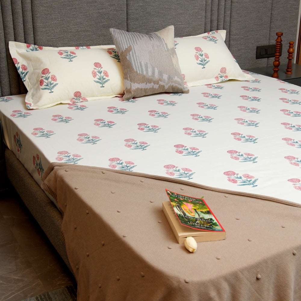 Serene 200 TC 100% Cotton Single Bedsheet with Pillow Covers - Sunflower - Pomegranate Pink