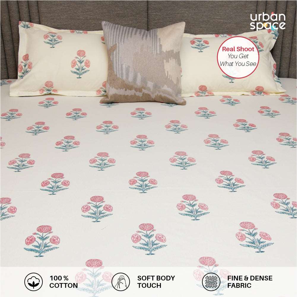 Serene 200 TC 100% Cotton Single Bedsheet with Pillow Covers - Sunflower - Pomegranate Pink