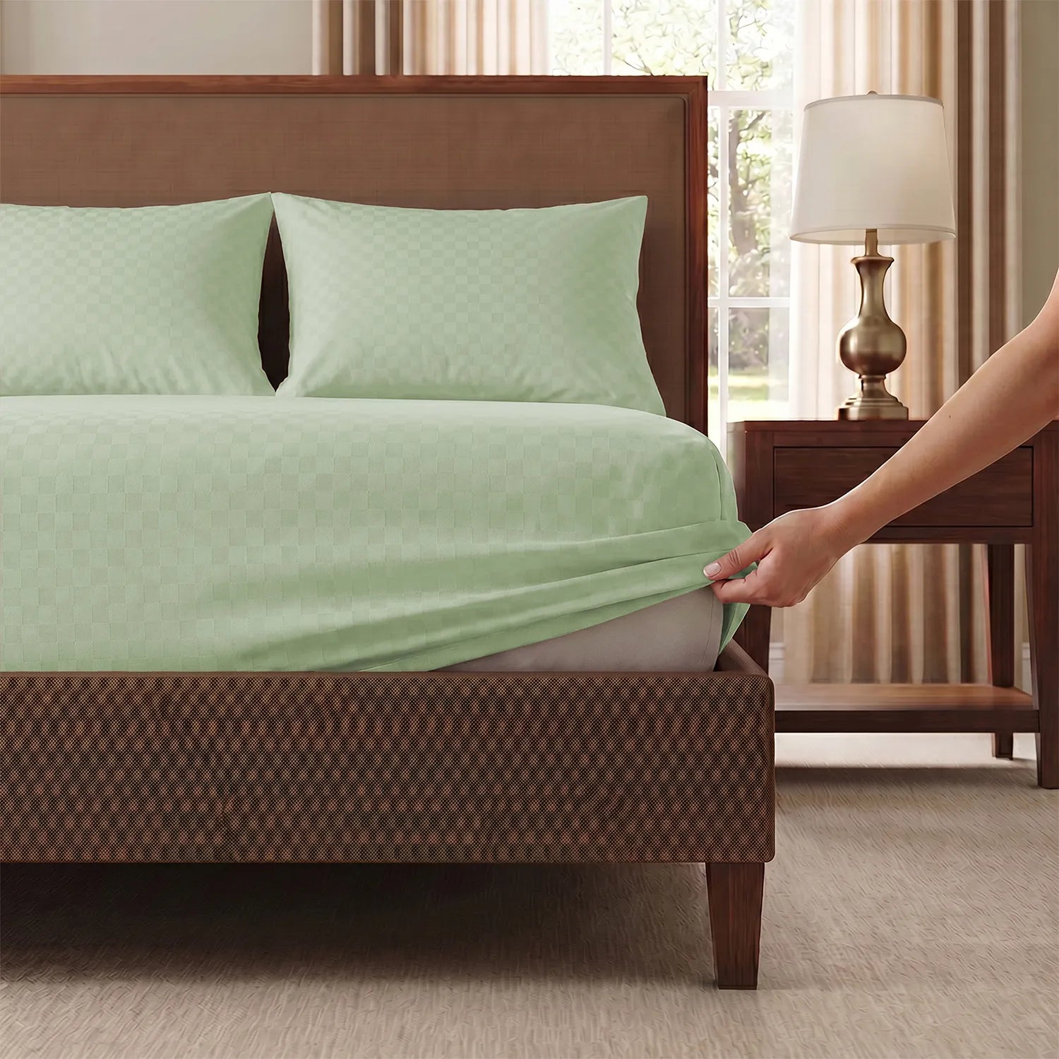 Fitted King Size 300 TC Super Soft Bedsheet, Self Woven Cubes Design - Tea Green Cubes