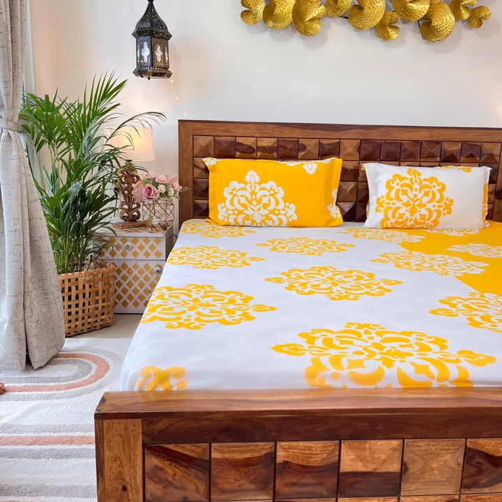 Divine - 100%  Cotton Double Bedsheet with 2 Pillow Covers - Half & Half Paradise Yellow