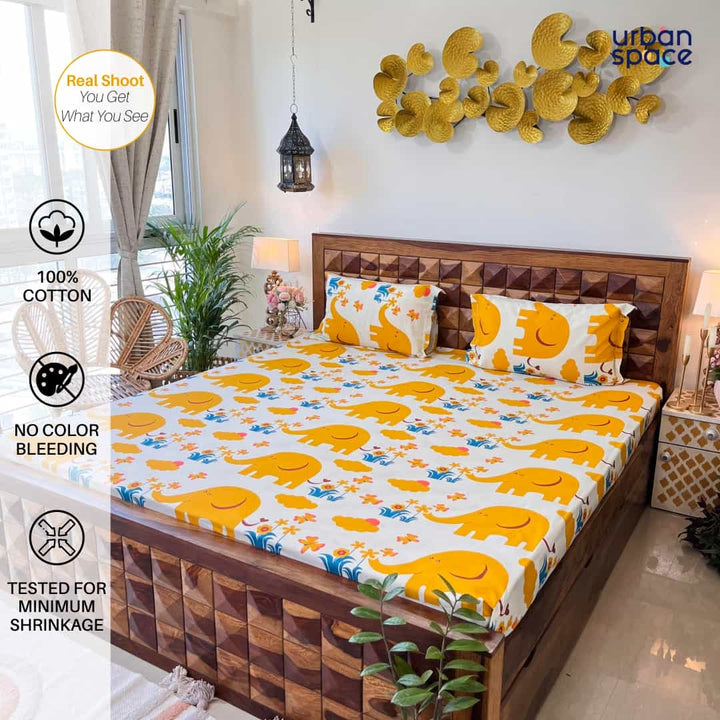 Divine - 100%  Cotton Double Bedsheet with 2 Pillow Covers - Elephant Yellow