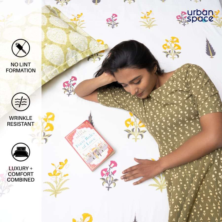 Fitted King Size Cotton Bedsheet - High Garden Yellow