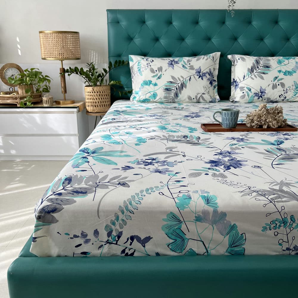 Cotton Bedsheet + AC Blanket Combo Pack - (Combo 19 - Floral feast Torquoise Blue and Grey + Tokyo)