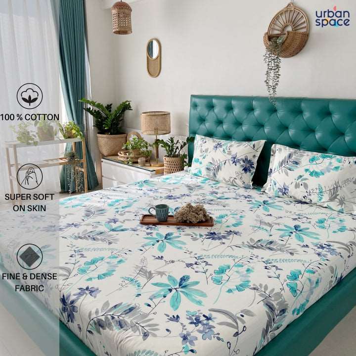 Serene 200 TC 100% Cotton Single Bedsheet with Pillow Covers - Floral Feast Turquoise