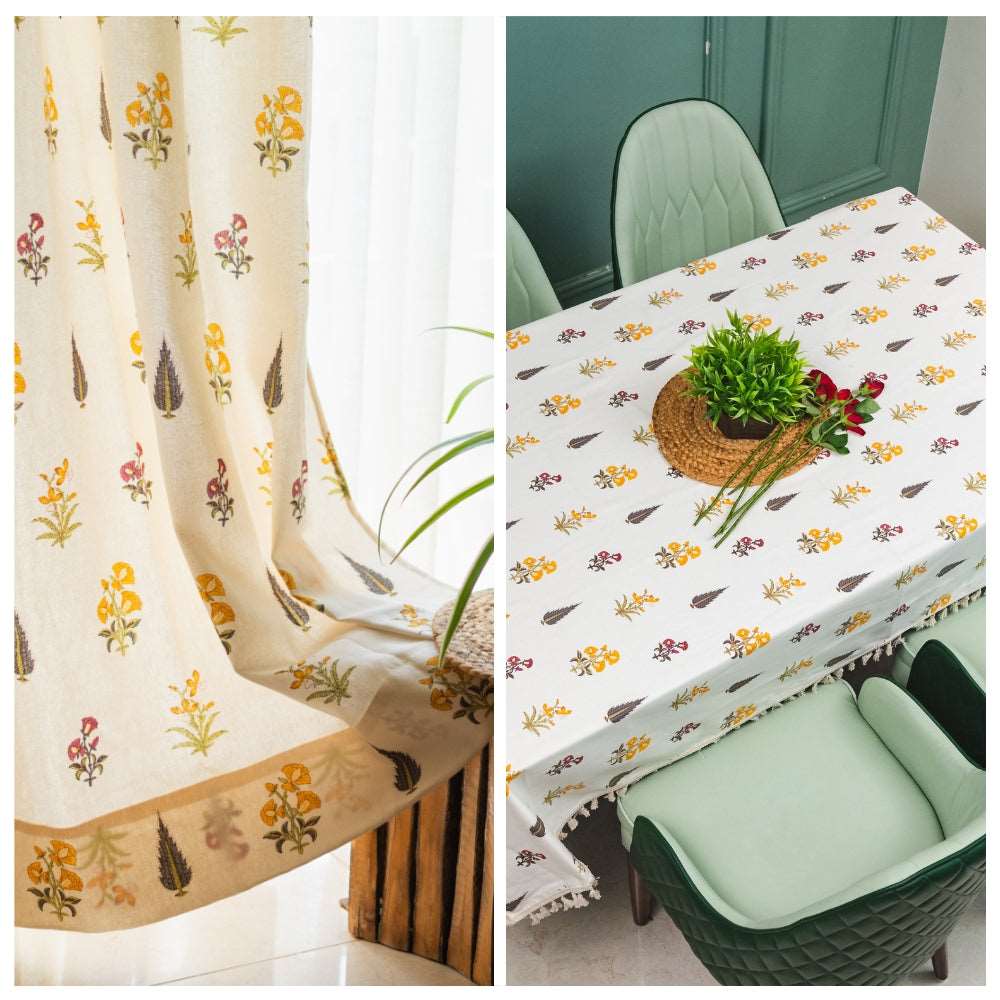 Cotton Curtains + Cotton Table Cover - (Combo 1 - High Garden Yellow + High garden Yellow)