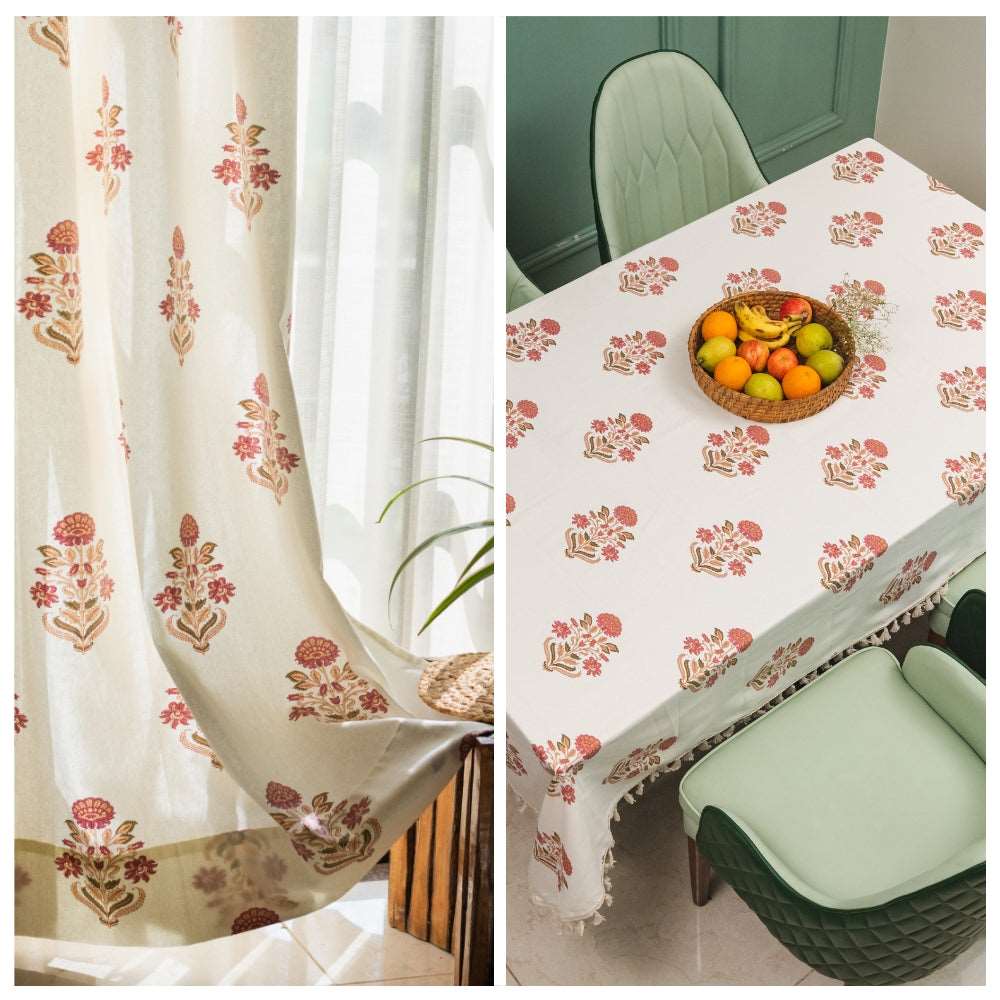 Cotton Curtains + Cotton Table Cover - (Combo 4 - Liberty Maroon + Liberty Maroon)