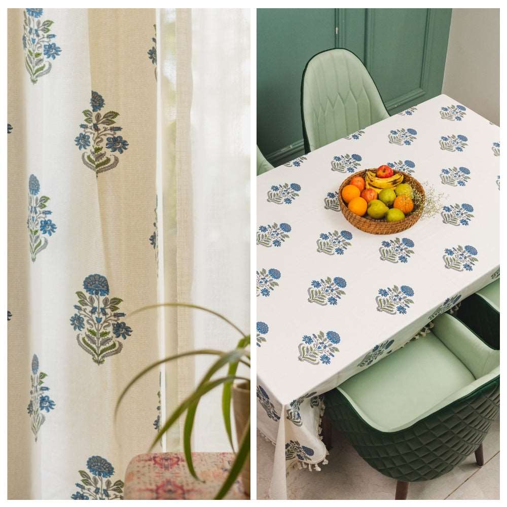 Cotton Curtains + Cotton Table Cover - (Combo 3 - Liberty Blue + Liberty Blue)