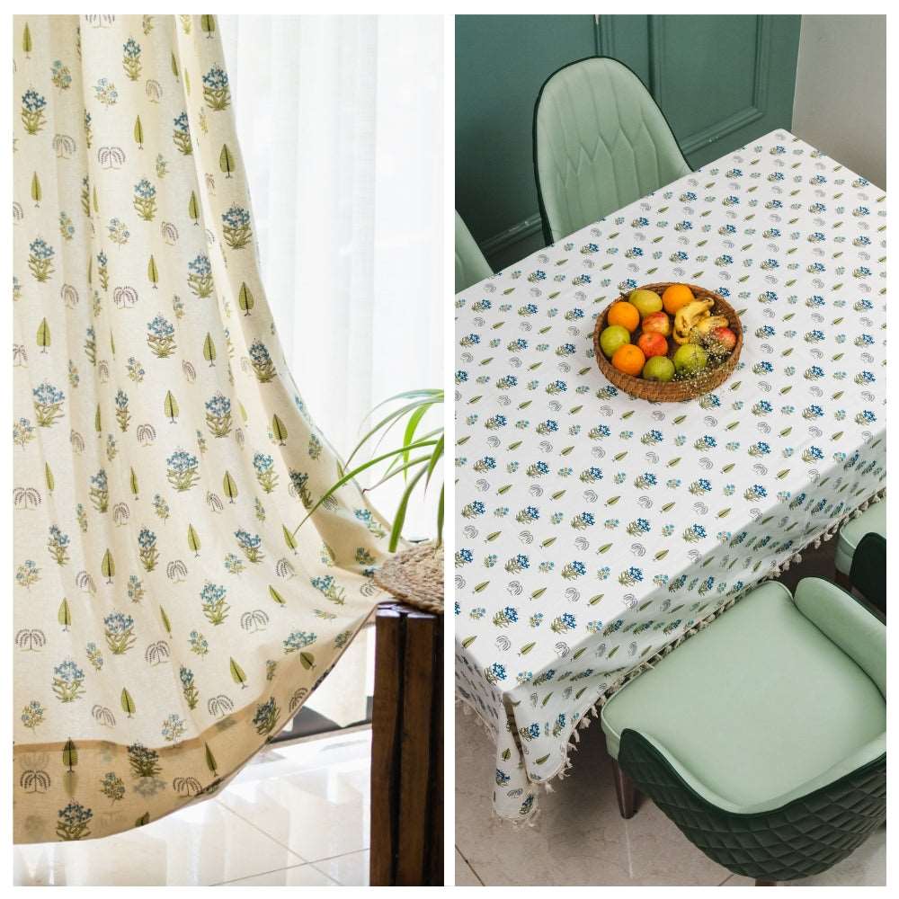 Cotton Curtains + Cotton Table Cover - (Combo 5 - Calico Blue + Calico Blue)
