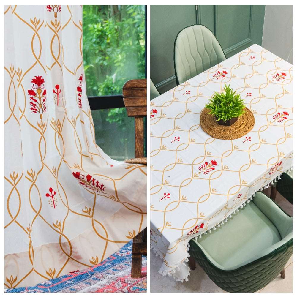 Cotton Curtains + Cotton Table Cover - (Combo 7 - Floral Ripples Red & Brown + Floral Ripples Red & Brown)