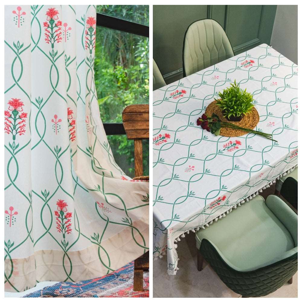 Cotton Curtains + Cotton Table Cover - (Combo 8 - Floral Ripples Pink & Green + Floral Ripples Pink & Green)
