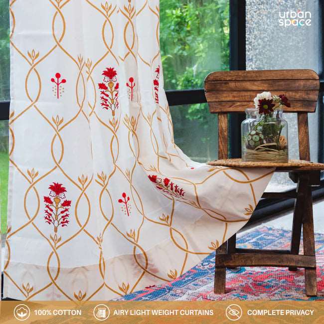 Cotton Curtains + Cotton Table Cover - (Combo 7 - Floral Ripples Red & Brown + Floral Ripples Red & Brown)
