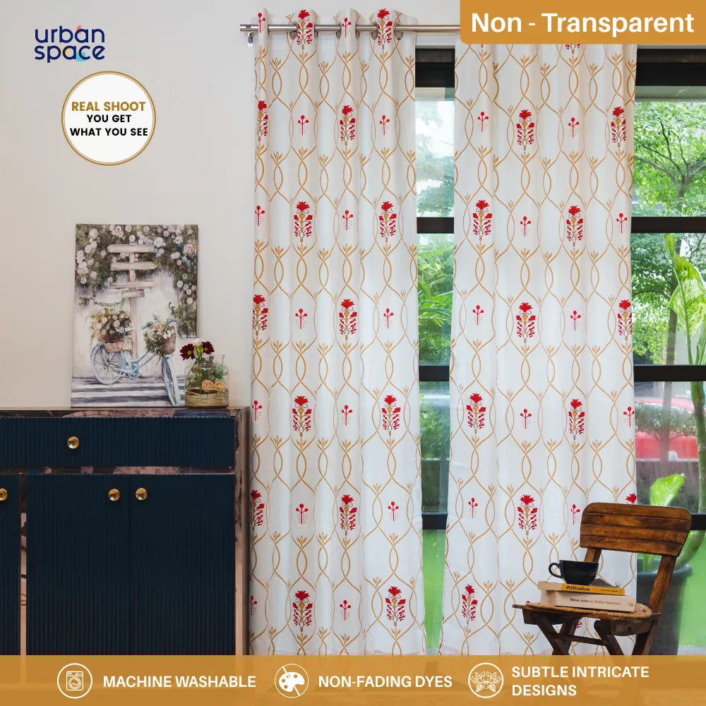 100% Cotton Room Darkening Curtains, Pack of 2 - Floral Ripples - Red & Brown