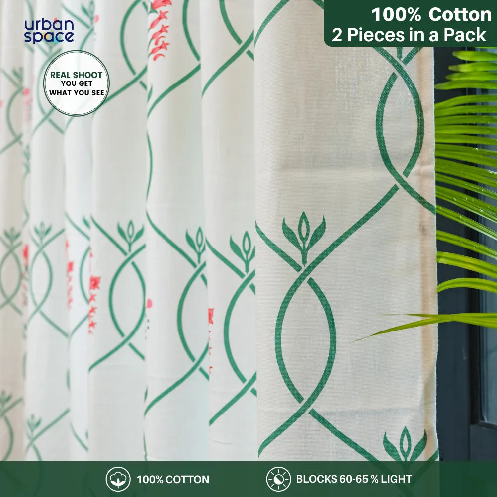 100% Cotton Room Darkening Curtains, Pack of 2 - Floral Ripples - Pink & Green