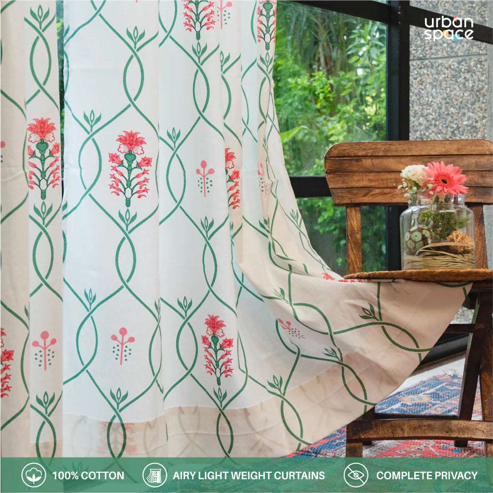 Cotton Curtains + Cotton Table Cover - (Combo 8 - Floral Ripples Pink & Green + Floral Ripples Pink & Green)