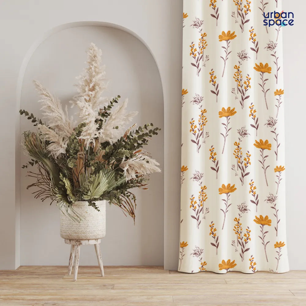 100% Cotton Curtains for Living Room, Bedroom curtains - Pack of 2 curtains, Orchid Blooms - Yellow