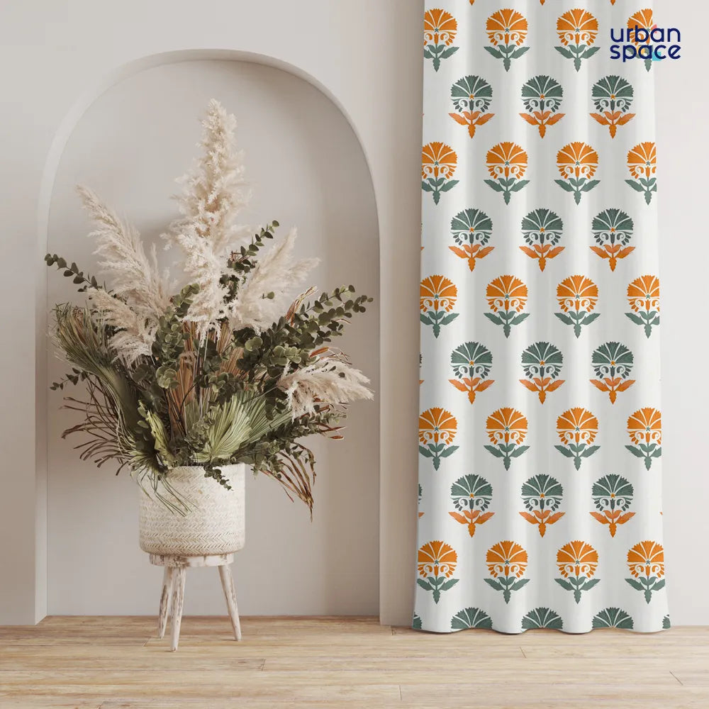 100% Cotton Curtains for Living Room, Bedroom curtains - Pack of 2 curtains, Owl Orchids - Mango