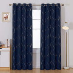 Gold Foil Printed 80-85% Blackout Curtains - Pack of 1 Curtain - Wave - Navy Blue