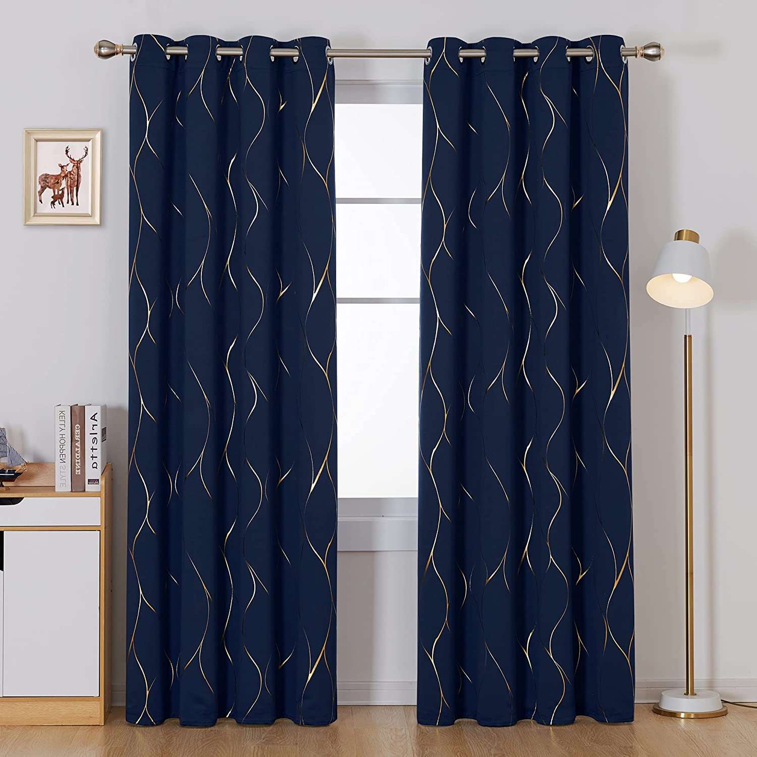 Gold Foil Printed 80-85% Blackout Curtains - Pack of 1 Curtain - Wave - Navy Blue