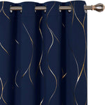 Gold Foil Printed 80-85% Blackout Curtains - Pack of 1 Curtain - Wave - Navy Blue