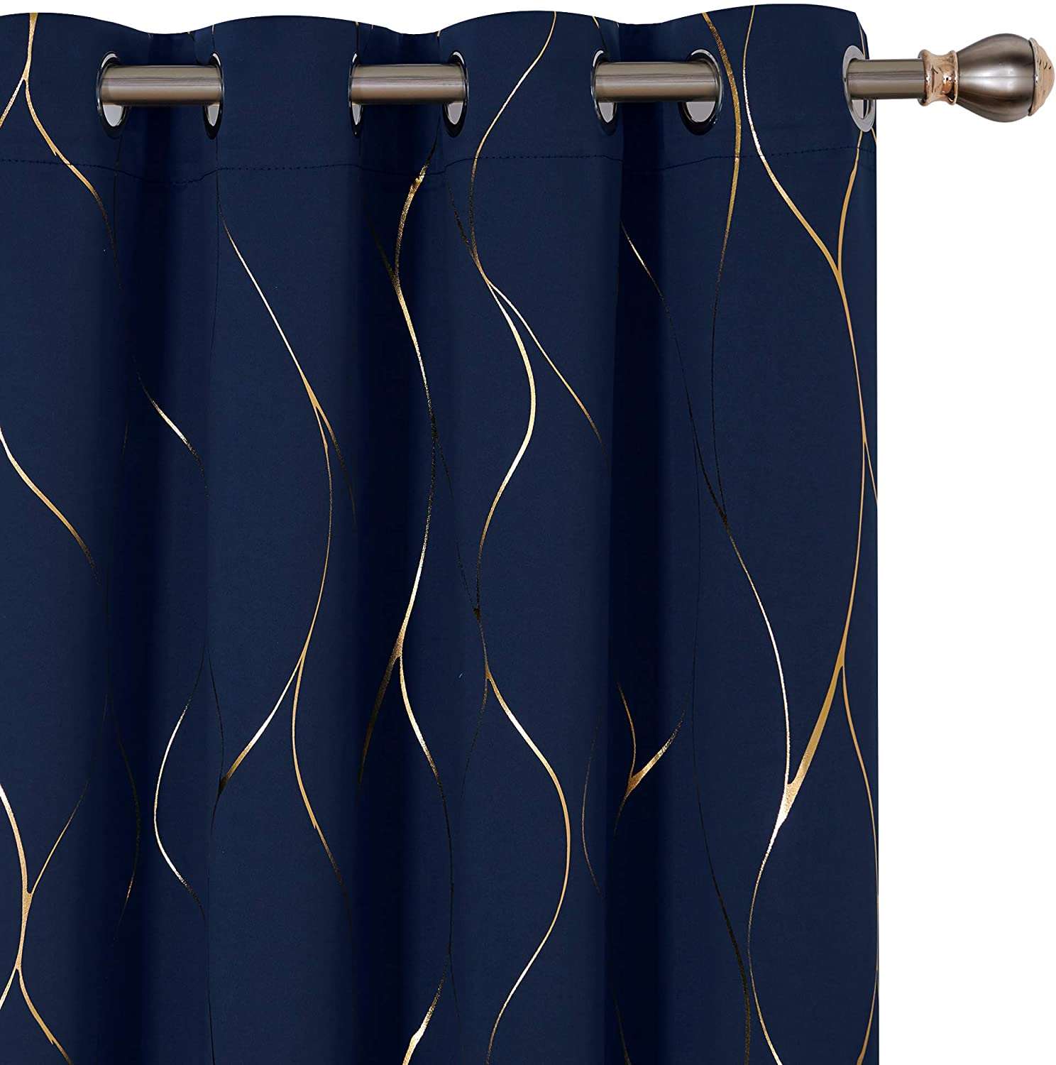 Gold Foil Printed 80-85% Blackout Curtains - Pack of 1 Curtain - Wave - Navy Blue