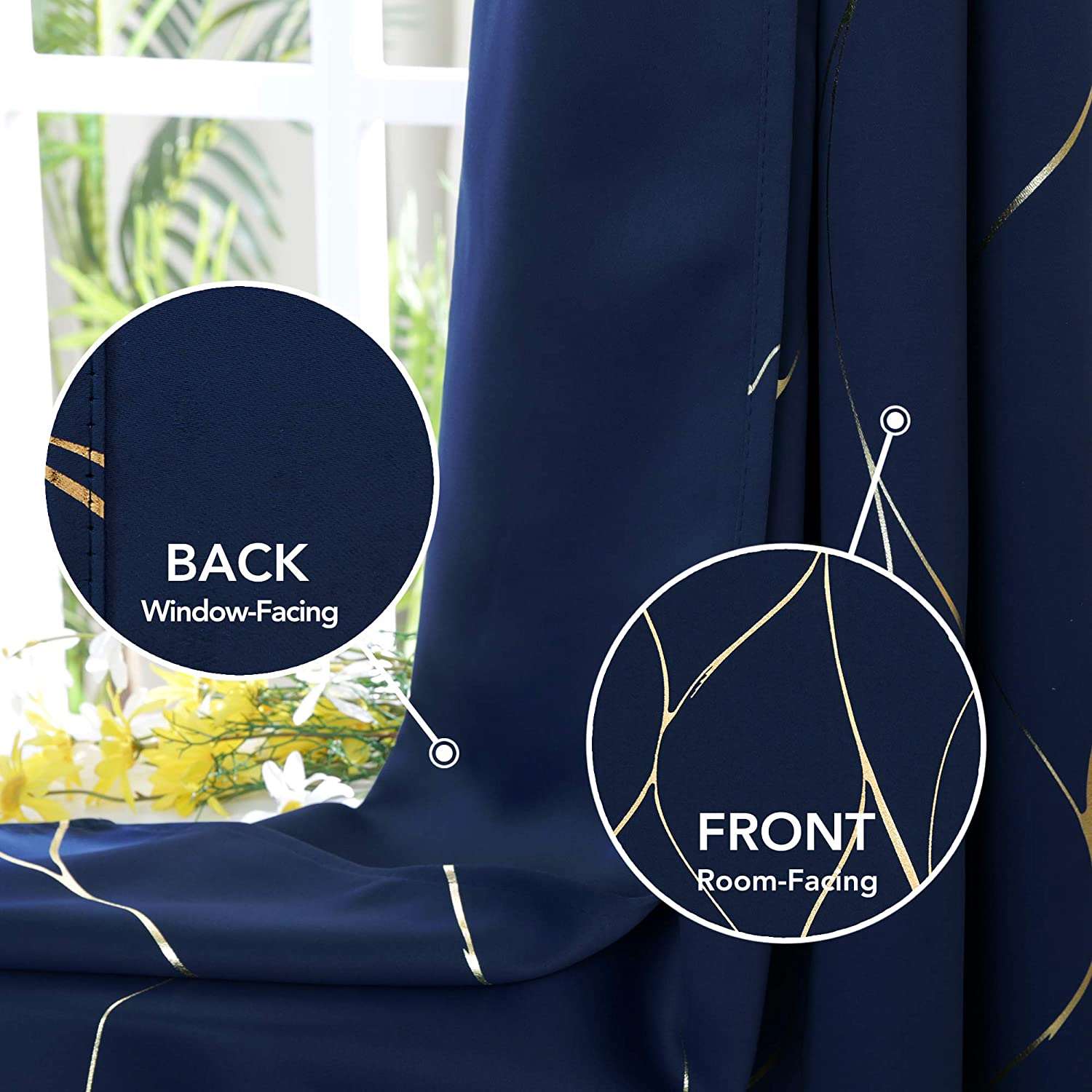 Gold Foil Printed 80-85% Blackout Curtains - Pack of 1 Curtain - Wave - Navy Blue