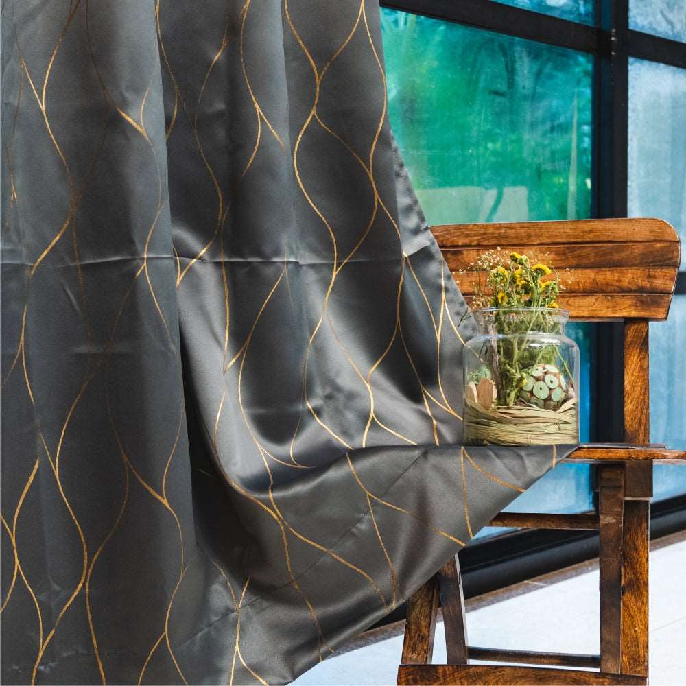 Gold Foil Printed 80-85% Blackout Curtains - Pack of 1 Curtain - Wave - Grey