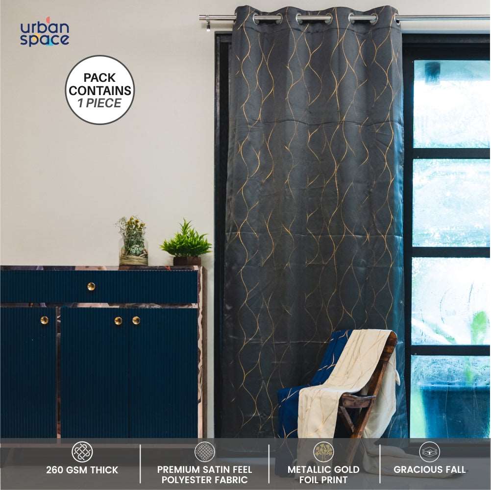 Gold Foil Printed 80-85% Blackout Curtains - Pack of 1 Curtain - Wave - Grey