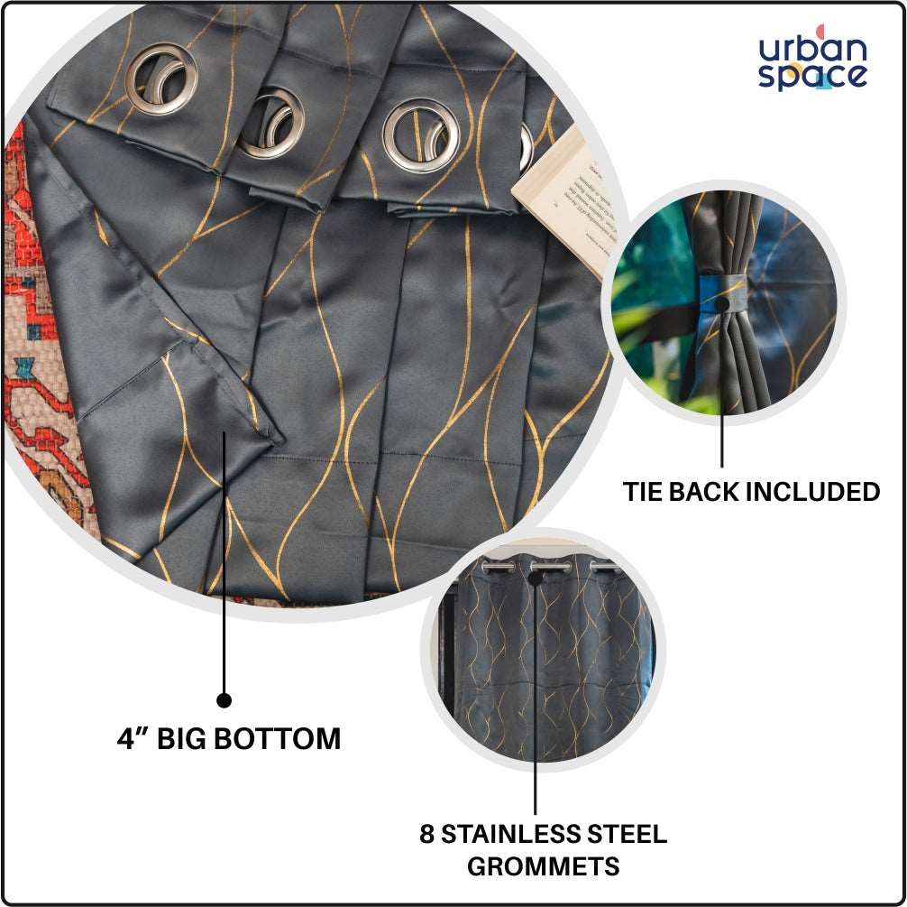 Gold Foil Printed 80-85% Blackout Curtains - Pack of 1 Curtain - Wave - Grey