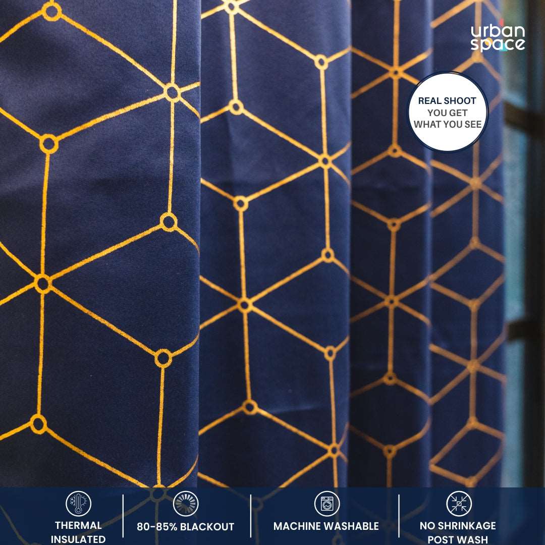 Gold Foil Printed 80-85% Blackout Curtains - Pack of 1 Curtain - Navy Blue