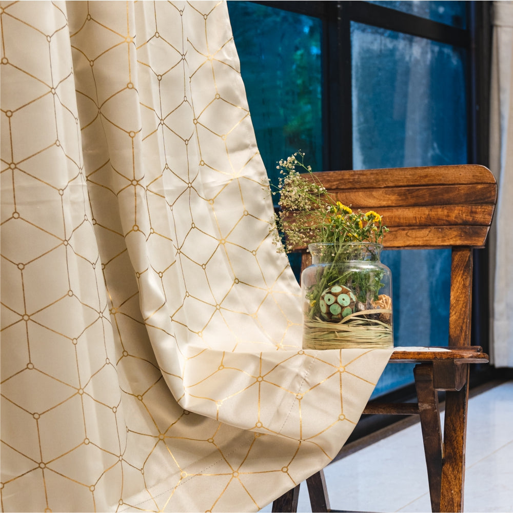 Gold Foil Printed 80-85% Blackout Curtains - Pack of 1 Curtain - Hexagon - Beige