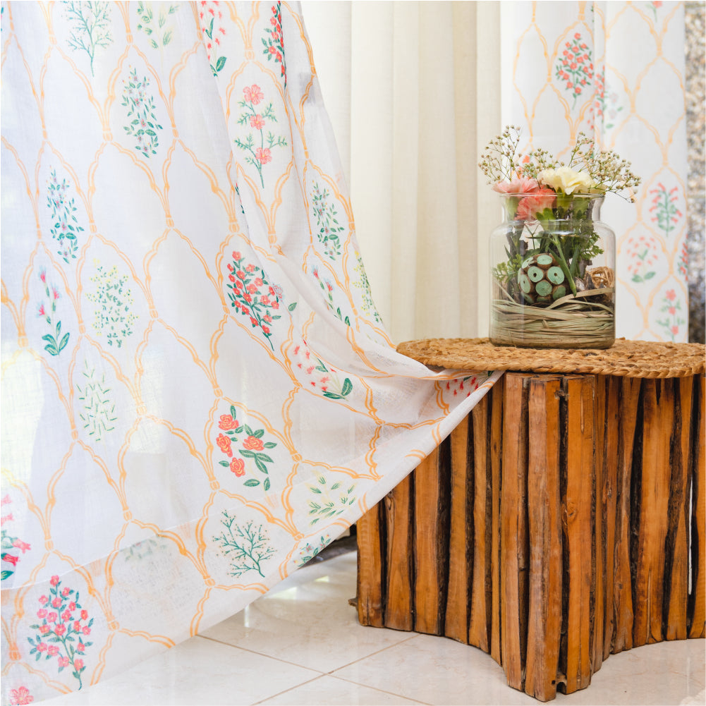 Printed Sheer Linen Curtains, Light Filtering, Pack of 2 Curtains - Floral symphony